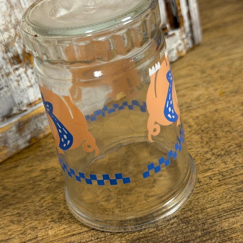 Vintage Pig Jelly Jar Juice Glass Blue Bandana Checkered Clear Ribbed Base